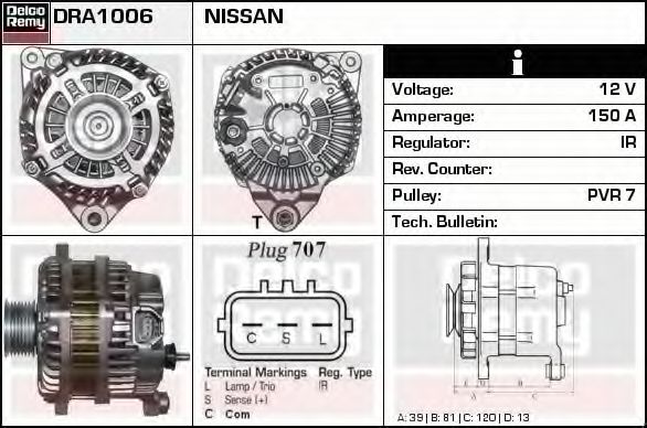 DELCO REMY DRA1006 Генератор для NISSAN 370 Z (Ниссан 370 з) DELCO REMY DRA1006 Генератор для NISSAN 370 Z (Ниссан 370 з)