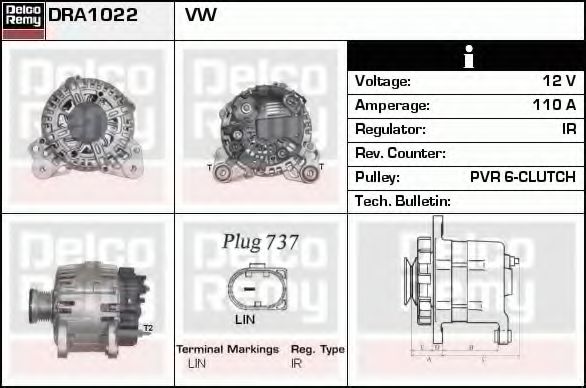 DELCO REMY DRA1022 Генератор для VOLKSWAGEN GOLF AN (Фольксваген Гольф ан) DELCO REMY DRA1022 Генератор для VOLKSWAGEN GOLF AN (Фольксваген Гольф ан)