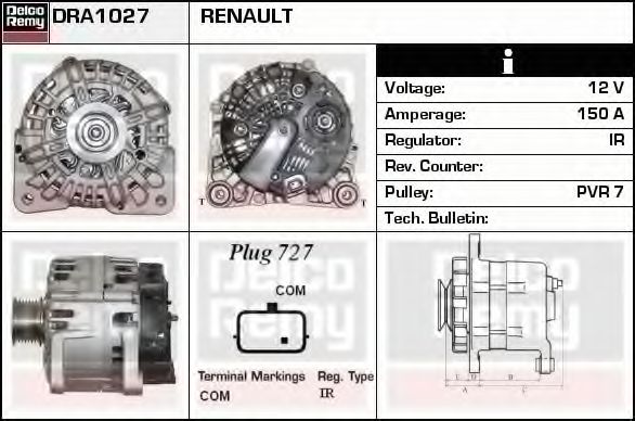 DELCO REMY DRA1027 Генератор для RENAULT LAGUNA III ER (Рено Лагуна 3 ер) DELCO REMY DRA1027 Генератор для RENAULT LAGUNA III ER (Рено Лагуна 3 ер)