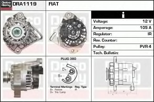 DELCO REMY DRA1119 Генератор для FIAT 500 C (Фиат 500 c) DELCO REMY DRA1119 Генератор для FIAT 500 C (Фиат 500 c)