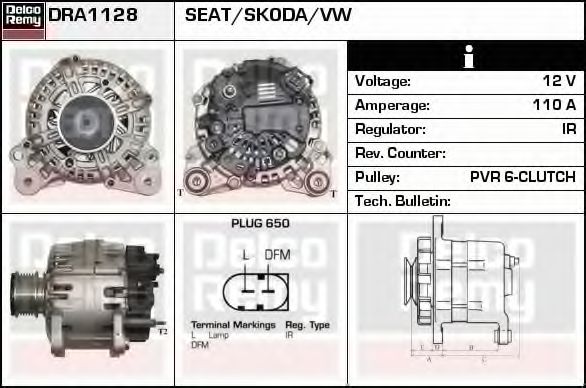 DELCO REMY DRA1128 Генератор для SEAT (Сеат) DELCO REMY DRA1128 Генератор для SEAT (Сеат)