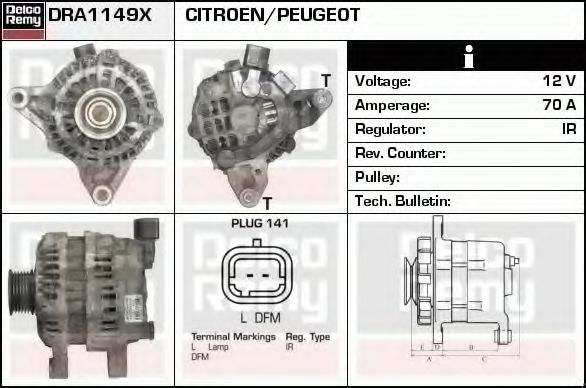 DELCO REMY DRA1149X Генератор для CITROËN XM (CитроËн Хм) DELCO REMY DRA1149X Генератор для CITROËN XM (CитроËн Хм)