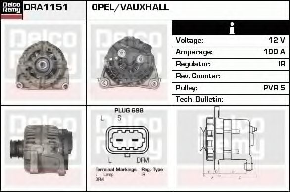 DELCO REMY DRA1151 Генератор для OPEL ASTRA H (Опель Астра н) DELCO REMY DRA1151 Генератор для OPEL ASTRA H (Опель Астра н)
