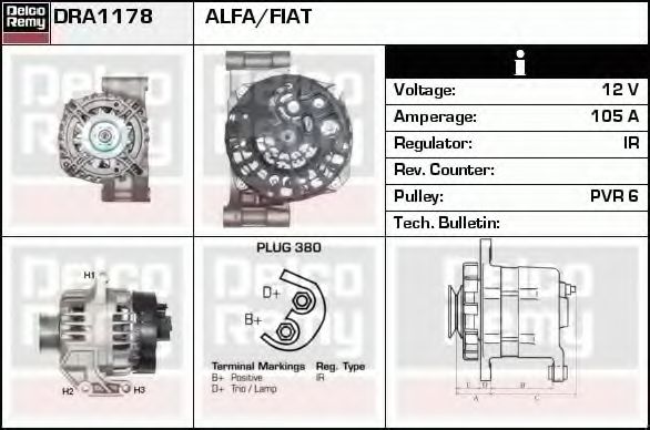 DELCO REMY DRA1178 Генератор для FIAT 500 C (Фиат 500 c) DELCO REMY DRA1178 Генератор для FIAT 500 C (Фиат 500 c)