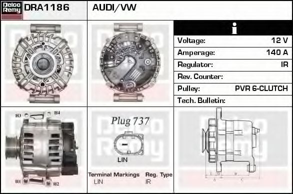 DELCO REMY DRA1186 Генератор для AUDI TT (Ауди Тт) DELCO REMY DRA1186 Генератор для AUDI TT (Ауди Тт)
