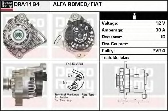 DELCO REMY DRA1194 Генератор для FIAT 500 C (Фиат 500 c) DELCO REMY DRA1194 Генератор для FIAT 500 C (Фиат 500 c)