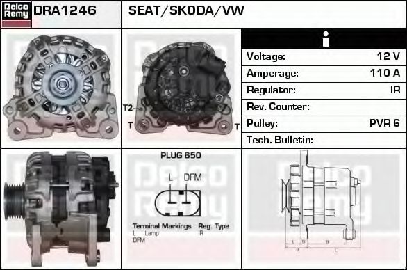DELCO REMY DRA1246 Генератор для SEAT MII (Сеат М2) DELCO REMY DRA1246 Генератор для SEAT MII (Сеат М2)