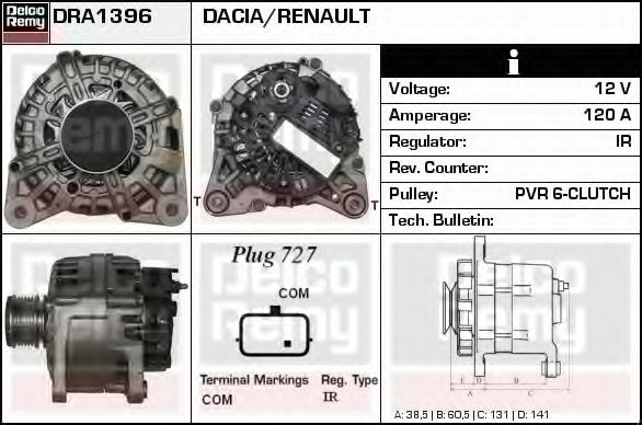 DELCO REMY DRA1396 Генератор для RENAULT CLIO IV (Рено Клио 4) DELCO REMY DRA1396 Генератор для RENAULT CLIO IV (Рено Клио 4)
