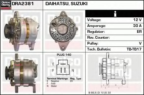DELCO REMY DRA2381 Генератор для SUZUKI (Сузуки) DELCO REMY DRA2381 Генератор для SUZUKI (Сузуки)