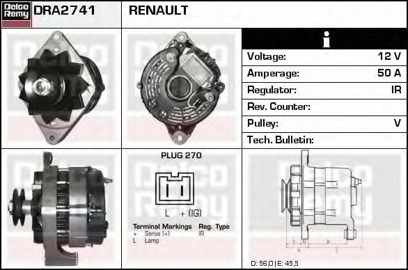DELCO REMY DRA2741 Генератор для RENAULT ALLIANCE (Рено Аллианcэ) DELCO REMY DRA2741 Генератор для RENAULT ALLIANCE (Рено Аллианcэ)