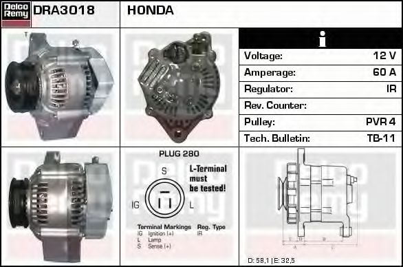 DELCO REMY DRA3018 Генератор для HONDA ACCORD II (Хонда Аccорд 2) DELCO REMY DRA3018 Генератор для HONDA ACCORD II (Хонда Аccорд 2)
