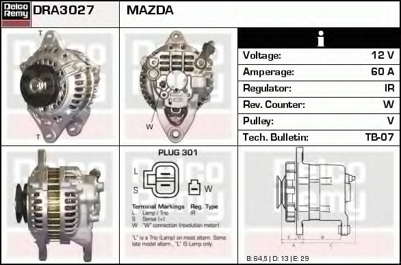 DELCO REMY DRA3027 Генератор для MAZDA 323 III (Мазда 323 3) DELCO REMY DRA3027 Генератор для MAZDA 323 III (Мазда 323 3)