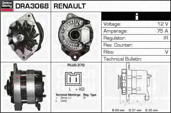 DELCO REMY DRA3068 Генератор для RENAULT ESPACE I (Рено Эспаcэ и) DELCO REMY DRA3068 Генератор для RENAULT ESPACE I (Рено Эспаcэ и)