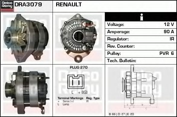 DELCO REMY DRA3079 Генератор для RENAULT 19 I (Рено 19 1) DELCO REMY DRA3079 Генератор для RENAULT 19 I (Рено 19 1)
