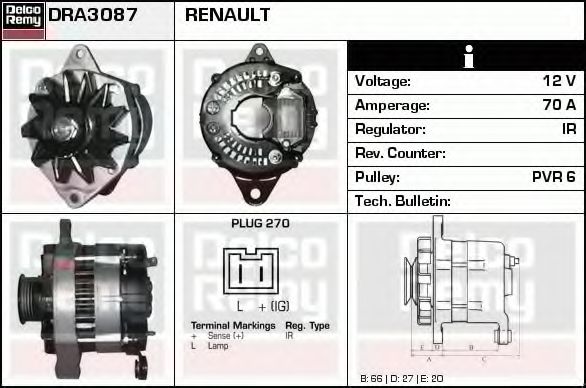 DELCO REMY DRA3087 Генератор для RENAULT 19 I (Рено 19 1) DELCO REMY DRA3087 Генератор для RENAULT 19 I (Рено 19 1)