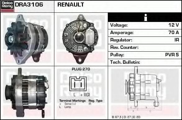 DELCO REMY DRA3106 Генератор для RENAULT 19 I (Рено 19 1) DELCO REMY DRA3106 Генератор для RENAULT 19 I (Рено 19 1)
