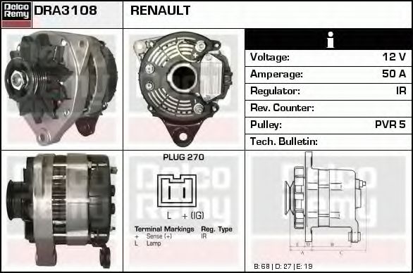 DELCO REMY DRA3108 Генератор для RENAULT EXTRA (Рено Эxтра) DELCO REMY DRA3108 Генератор для RENAULT EXTRA (Рено Эxтра)
