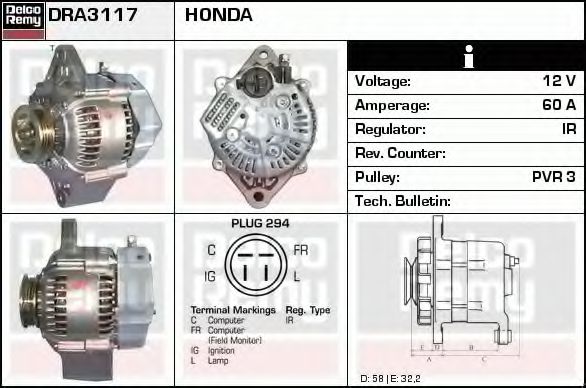 DELCO REMY DRA3117 Генератор для HONDA CRX II (Хонда Cрх 2) DELCO REMY DRA3117 Генератор для HONDA CRX II (Хонда Cрх 2)