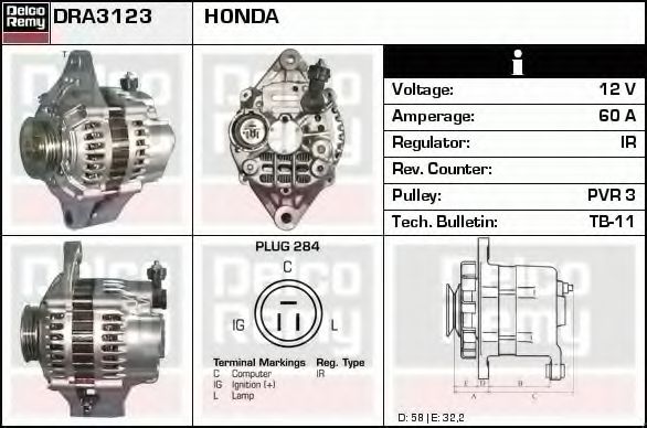 DELCO REMY DRA3123 Генератор для HONDA (Хонда) DELCO REMY DRA3123 Генератор для HONDA (Хонда)