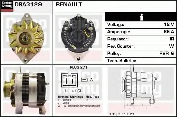 DELCO REMY DRA3129 Генератор для RENAULT LUTECIA I (Рено Лутэcиа и) DELCO REMY DRA3129 Генератор для RENAULT LUTECIA I (Рено Лутэcиа и)