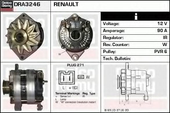 DELCO REMY DRA3246 Генератор для RENAULT LUTECIA I (Рено Лутэcиа и) DELCO REMY DRA3246 Генератор для RENAULT LUTECIA I (Рено Лутэcиа и)