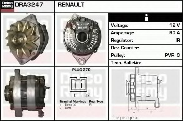 DELCO REMY DRA3247 Генератор для RENAULT 19 I (Рено 19 1) DELCO REMY DRA3247 Генератор для RENAULT 19 I (Рено 19 1)