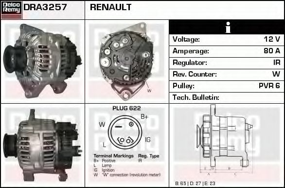 DELCO REMY DRA3257 Генератор для RENAULT SAFRANE (Рено Сафранэ) DELCO REMY DRA3257 Генератор для RENAULT SAFRANE (Рено Сафранэ)