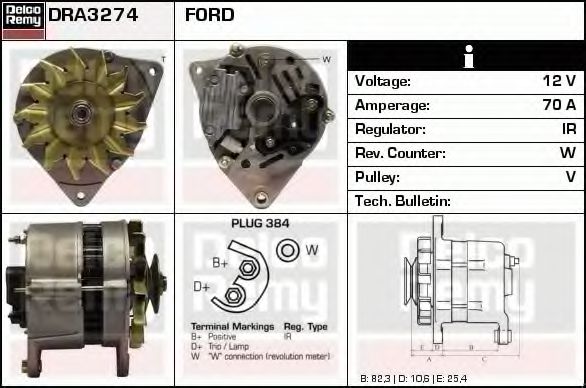 DELCO REMY DRA3274 Генератор для FORD COURIER (Форд Cоуриэр) DELCO REMY DRA3274 Генератор для FORD COURIER (Форд Cоуриэр)