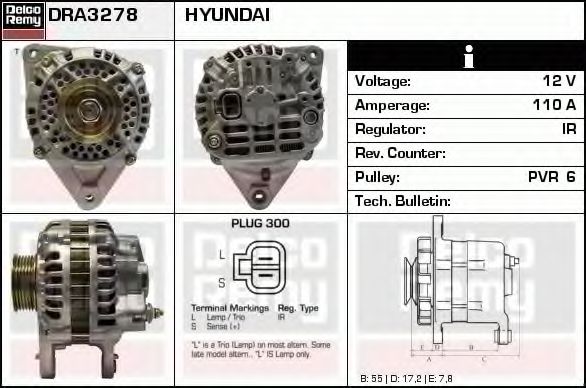 DELCO REMY DRA3278 Генератор для HYUNDAI (Хендай) DELCO REMY DRA3278 Генератор для HYUNDAI (Хендай)
