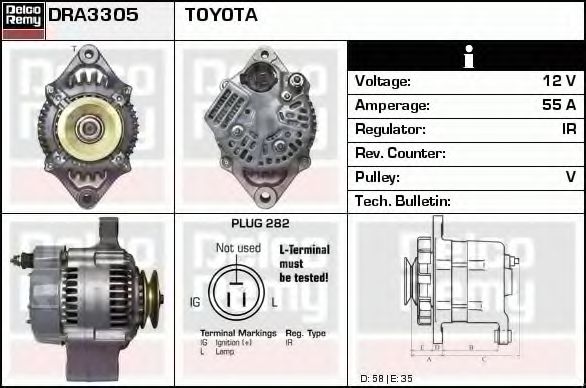 DELCO REMY DRA3305 Генератор для TOYOTA COROLLA SPRINTER (Тойота/тоета Cоролла спринтэр) DELCO REMY DRA3305 Генератор для TOYOTA COROLLA SPRINTER (Тойота/тоета Cоролла спринтэр)
