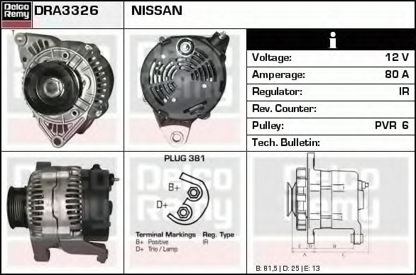 DELCO REMY DRA3326 Генератор для NISSAN PRIMERA (Ниссан Примера) DELCO REMY DRA3326 Генератор для NISSAN PRIMERA (Ниссан Примера)