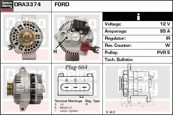 DELCO REMY DRA3374 Генератор для FORD MONDEO (Форд Мондэо) DELCO REMY DRA3374 Генератор для FORD MONDEO (Форд Мондэо)