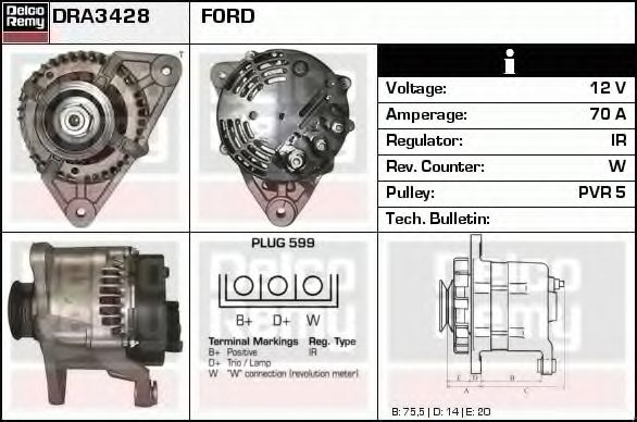 DELCO REMY DRA3428 Генератор для FORD MONDEO (Форд Мондэо) DELCO REMY DRA3428 Генератор для FORD MONDEO (Форд Мондэо)