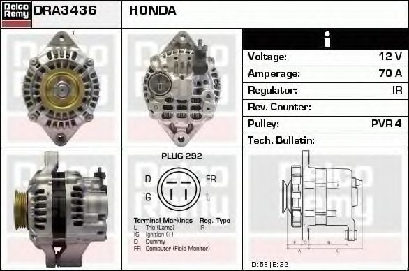 DELCO REMY DRA3436 Генератор для HONDA CIVIC V (Хонда Цивик 5) DELCO REMY DRA3436 Генератор для HONDA CIVIC V (Хонда Цивик 5)