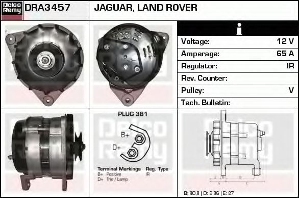 DELCO REMY DRA3457 Генератор для JAGUAR (Ягуар) DELCO REMY DRA3457 Генератор для JAGUAR (Ягуар)