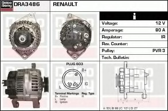 DELCO REMY DRA3486 Генератор для RENAULT ESPACE III (Рено Эспейс 3) DELCO REMY DRA3486 Генератор для RENAULT ESPACE III (Рено Эспейс 3)