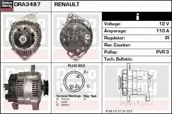 DELCO REMY DRA3487 Генератор для RENAULT MEGANE I (Рено Меган 1) DELCO REMY DRA3487 Генератор для RENAULT MEGANE I (Рено Меган 1)