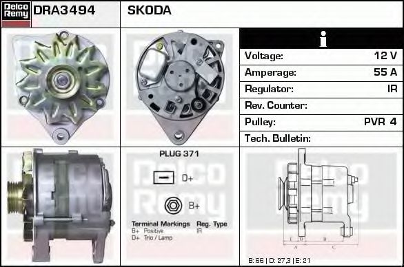 DELCO REMY DRA3494 Генератор для SKODA FELICIA II (Шкода Фелиция 2) DELCO REMY DRA3494 Генератор для SKODA FELICIA II (Шкода Фелиция 2)