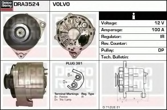 DELCO REMY DRA3524 Генератор для VOLVO (Вольво) DELCO REMY DRA3524 Генератор для VOLVO (Вольво)