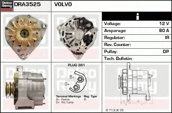 DELCO REMY DRA3525 Генератор для VOLVO (Вольво) DELCO REMY DRA3525 Генератор для VOLVO (Вольво)