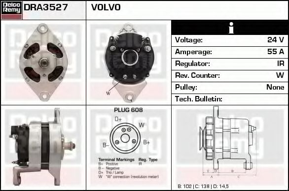 DELCO REMY DRA3527 Генератор для VOLVO FH 12 (Вольво Фх 12) DELCO REMY DRA3527 Генератор для VOLVO FH 12 (Вольво Фх 12)
