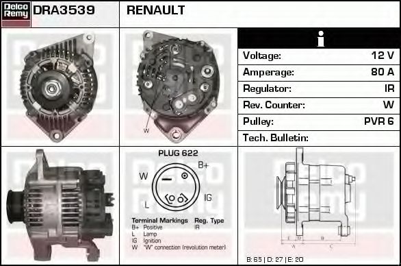 DELCO REMY DRA3539 Генератор для RENAULT ESPACE III (Рено Эспейс 3) DELCO REMY DRA3539 Генератор для RENAULT ESPACE III (Рено Эспейс 3)
