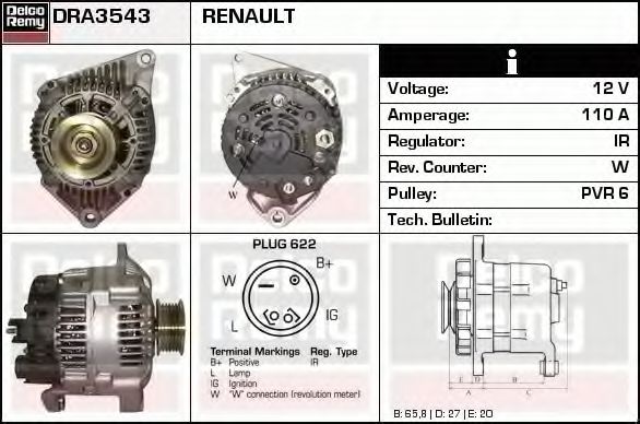 DELCO REMY DRA3543 Генератор для RENAULT ESPACE III (Рено Эспейс 3) DELCO REMY DRA3543 Генератор для RENAULT ESPACE III (Рено Эспейс 3)