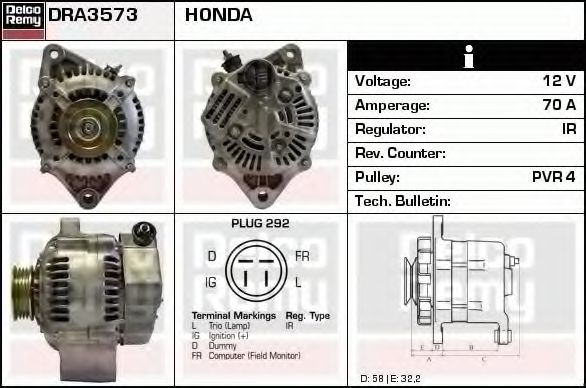 DELCO REMY DRA3573 Генератор для HONDA (Хонда) DELCO REMY DRA3573 Генератор для HONDA (Хонда)