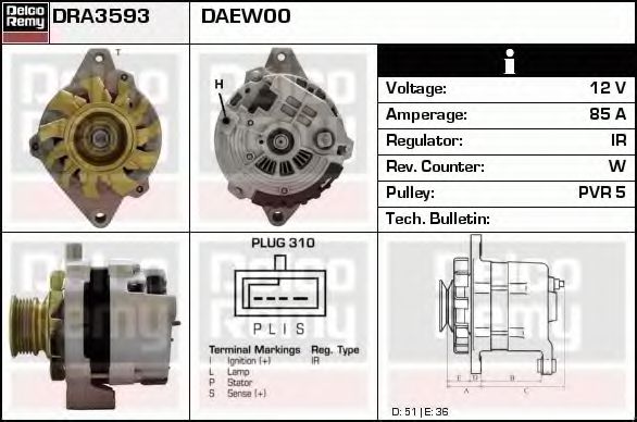 DELCO REMY DRA3593 Генератор для DAEWOO (Дэу) DELCO REMY DRA3593 Генератор для DAEWOO (Дэу)