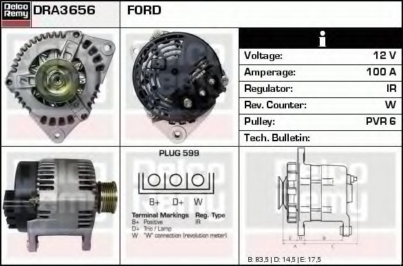 DELCO REMY DRA3656 Генератор для FORD TRANSIT NEO (Форд Трансит нэо) DELCO REMY DRA3656 Генератор для FORD TRANSIT NEO (Форд Трансит нэо)