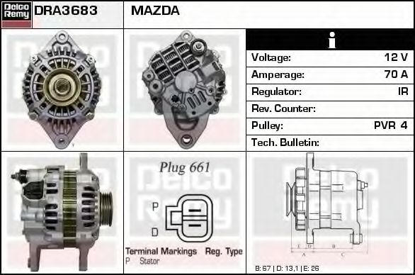 DELCO REMY DRA3683 Генератор для MAZDA 323 F/P VI (Мазда 323 ф/п vи) DELCO REMY DRA3683 Генератор для MAZDA 323 F/P VI (Мазда 323 ф/п vи)