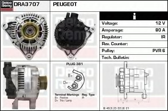DELCO REMY DRA3707 Генератор для PEUGEOT 206 SW (Пежо 206 св) DELCO REMY DRA3707 Генератор для PEUGEOT 206 SW (Пежо 206 св)