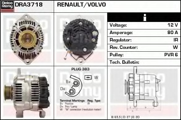 DELCO REMY DRA3718 Генератор для RENAULT LUTECIA I (Рено Лутэcиа и) DELCO REMY DRA3718 Генератор для RENAULT LUTECIA I (Рено Лутэcиа и)