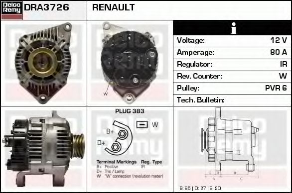 DELCO REMY DRA3726 Генератор для RENAULT ESPACE III (Рено Эспейс 3) DELCO REMY DRA3726 Генератор для RENAULT ESPACE III (Рено Эспейс 3)